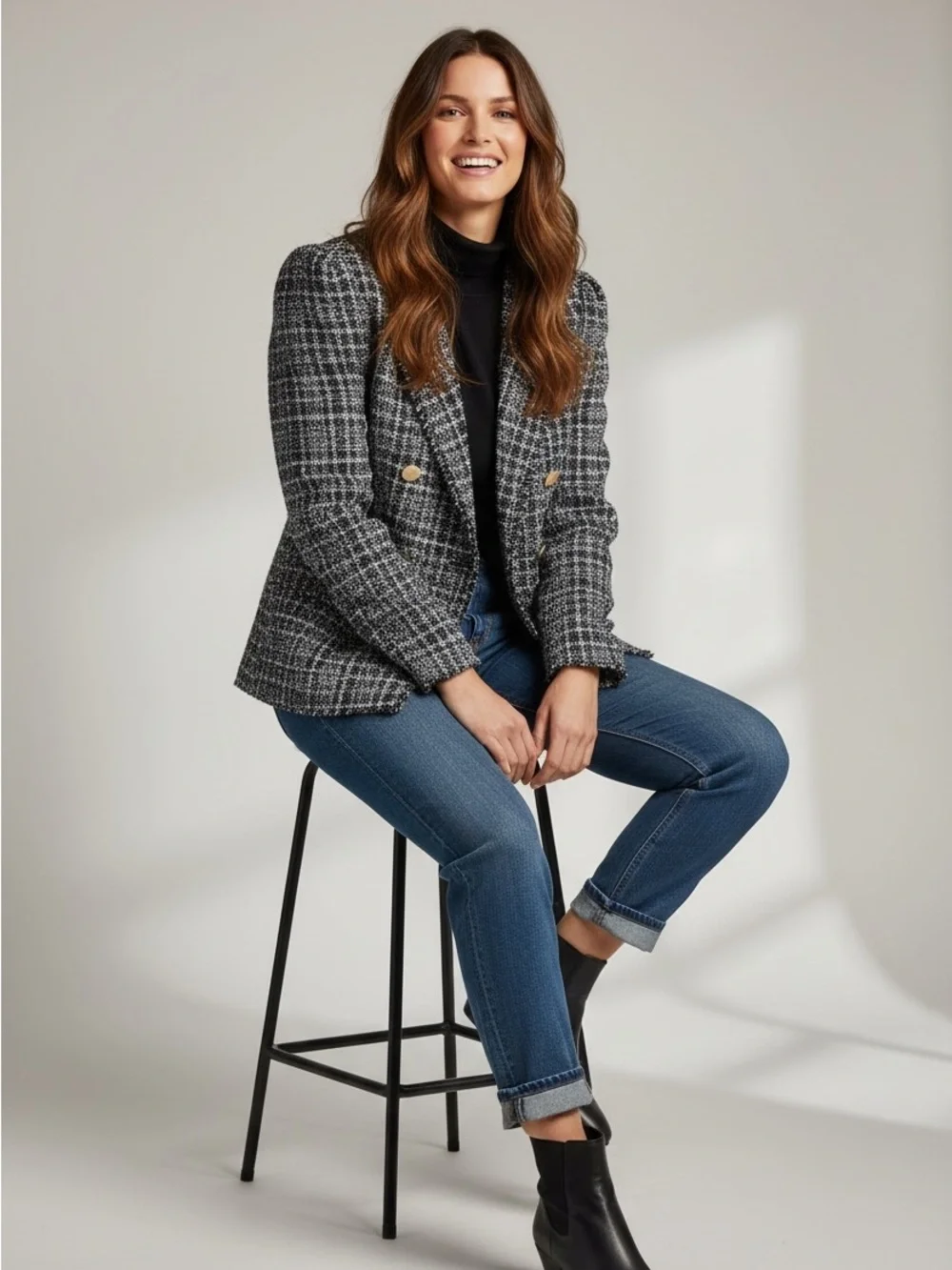 Dkny Black‎ and White Plaid Double-Breasted Open Blazer